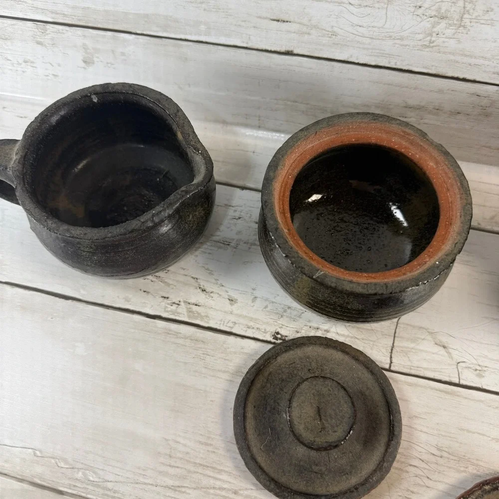 Vintage JC Studio Pottery‎ Tea Set Teapot Lidded Sugar Bowl Creamer Dark Glaze